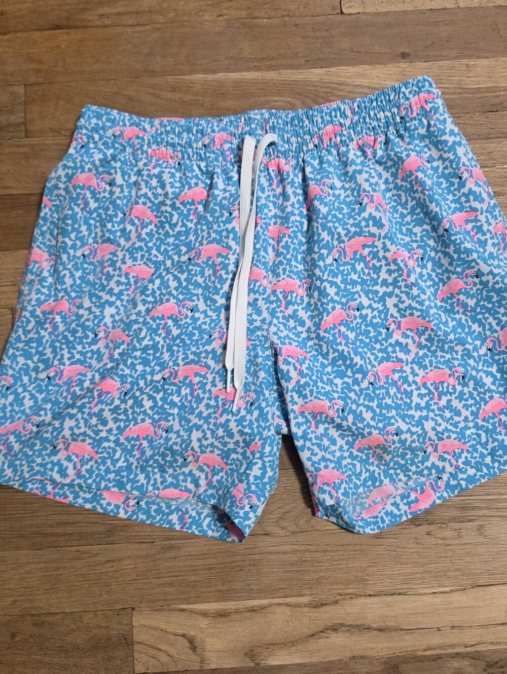chubbies Blue Swim Trunks with Pink Flamingo Print